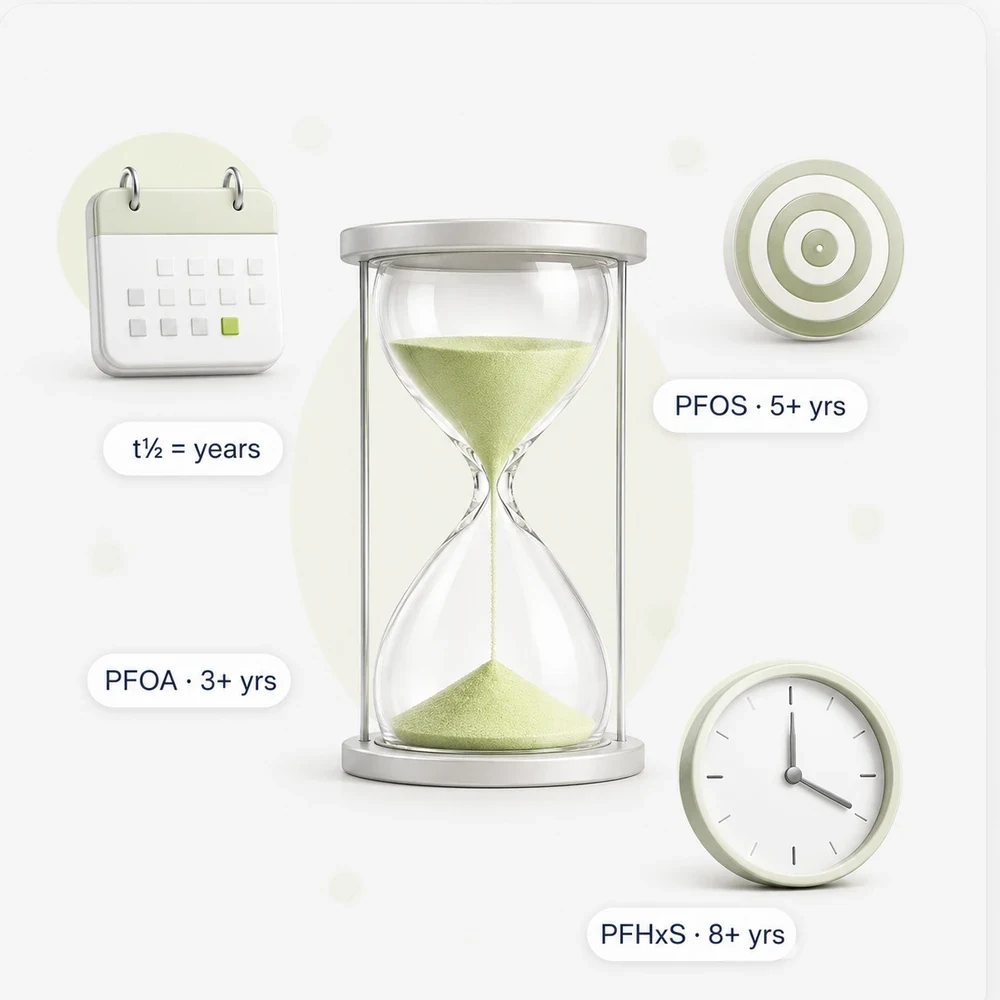 Hourglass with falling sand, calendar, clock and PFAS half-life labels